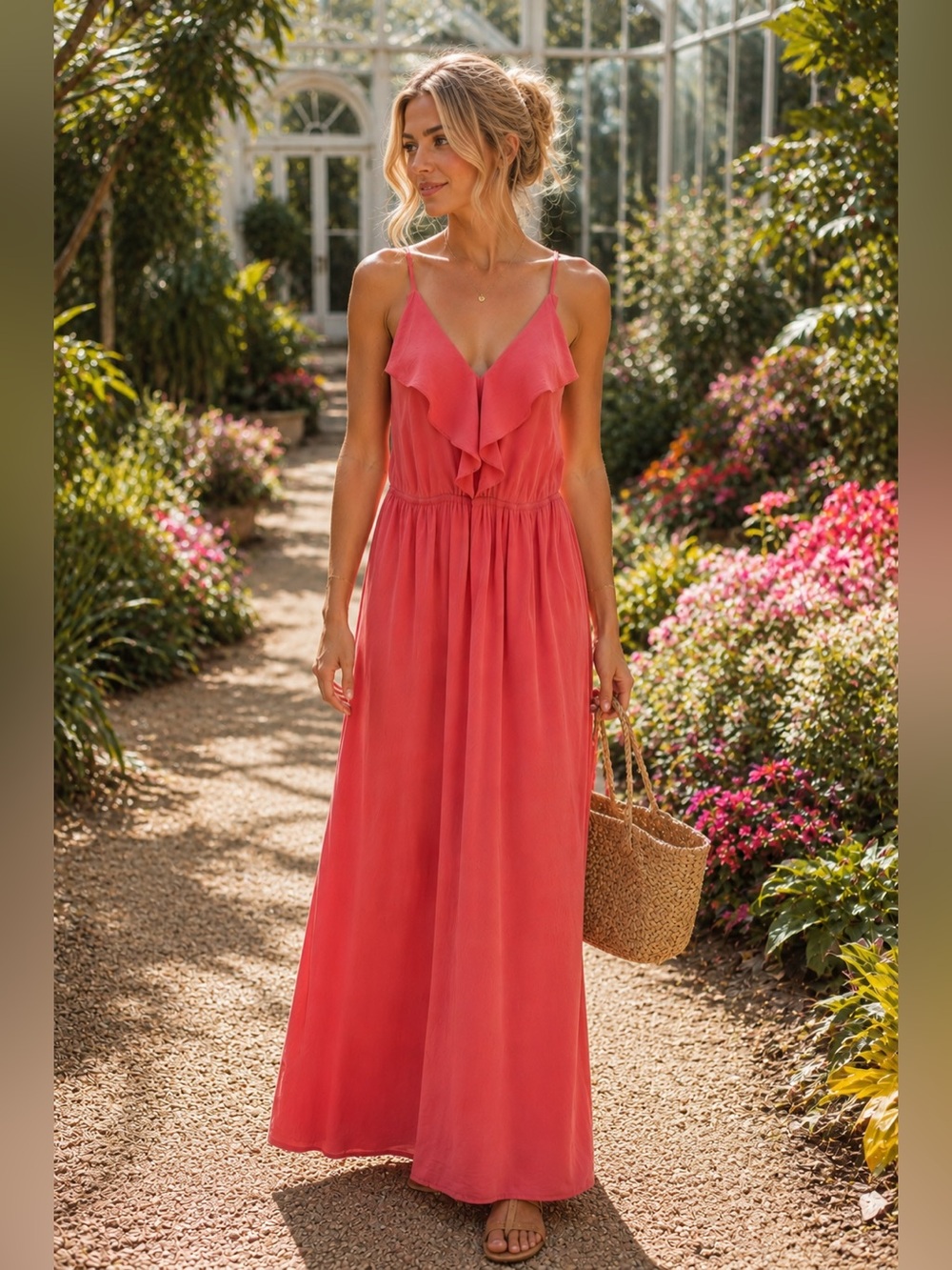 Fraiche by J Hot Coral Pink Ruffle Faux Wrap Maxi Sun Dress | Made in USA Size M